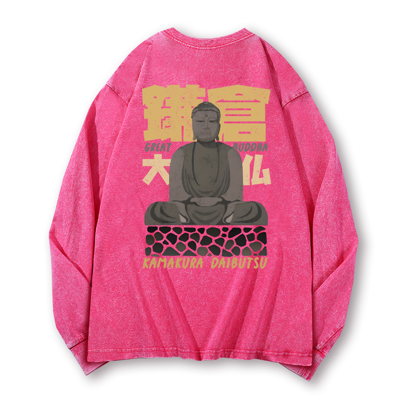 Buddhism Kamakura Daibutsu Great Buddha Vintage Washed Cotton Back Art Long-sleeve T-shirt