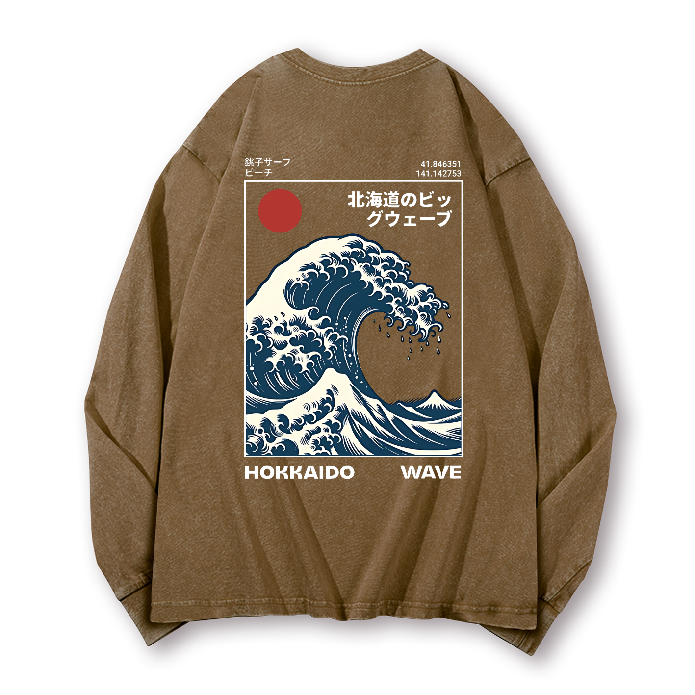 Hokkaido Wave Ukiyoe Vintage Washed Cotton Back Art Long-sleeve T-shirt