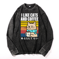 Cat Coffee Vintage Cotton Wash Long-sleeve T-shirt