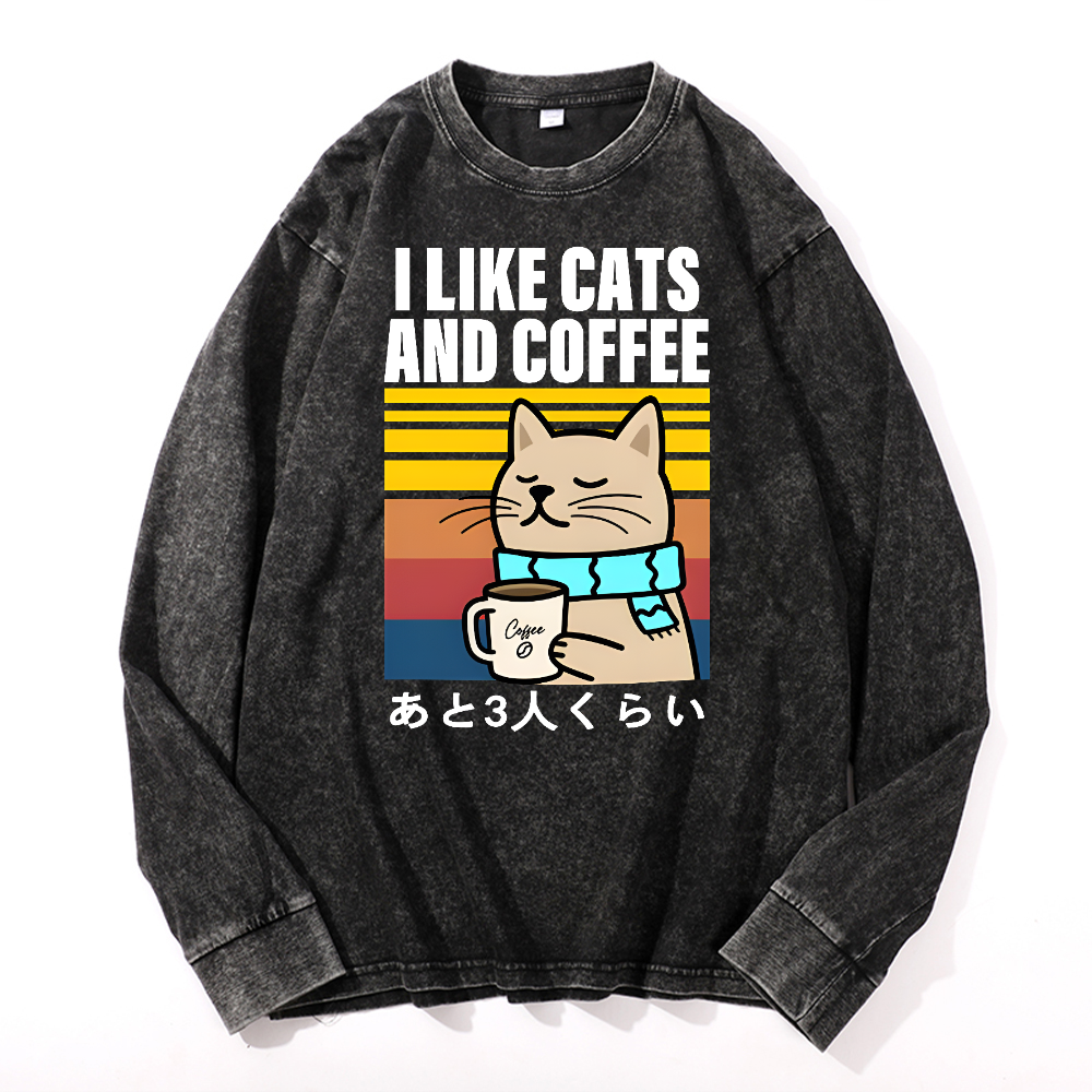 Cat Coffee Vintage Cotton Wash Long-sleeve T-shirt