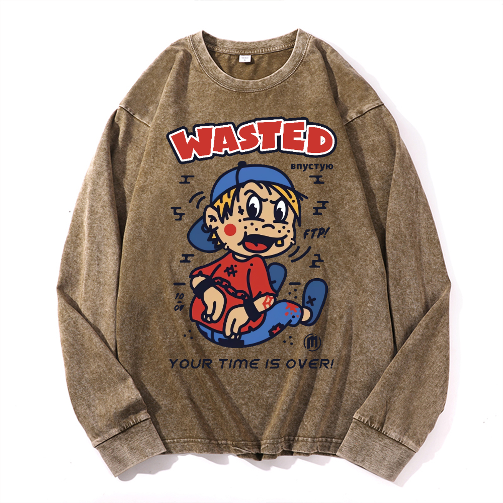 Wasted Vintage Cotton Wash Crewneck Long-Sleeve T-Shirt