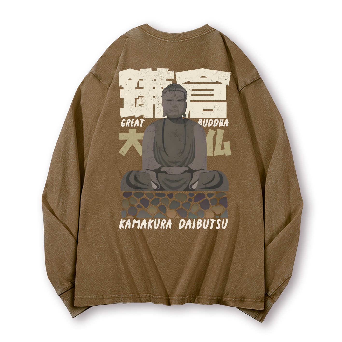 Buddhism Kamakura Daibutsu Great Buddha Vintage Washed Cotton Back Art Long-sleeve T-shirt