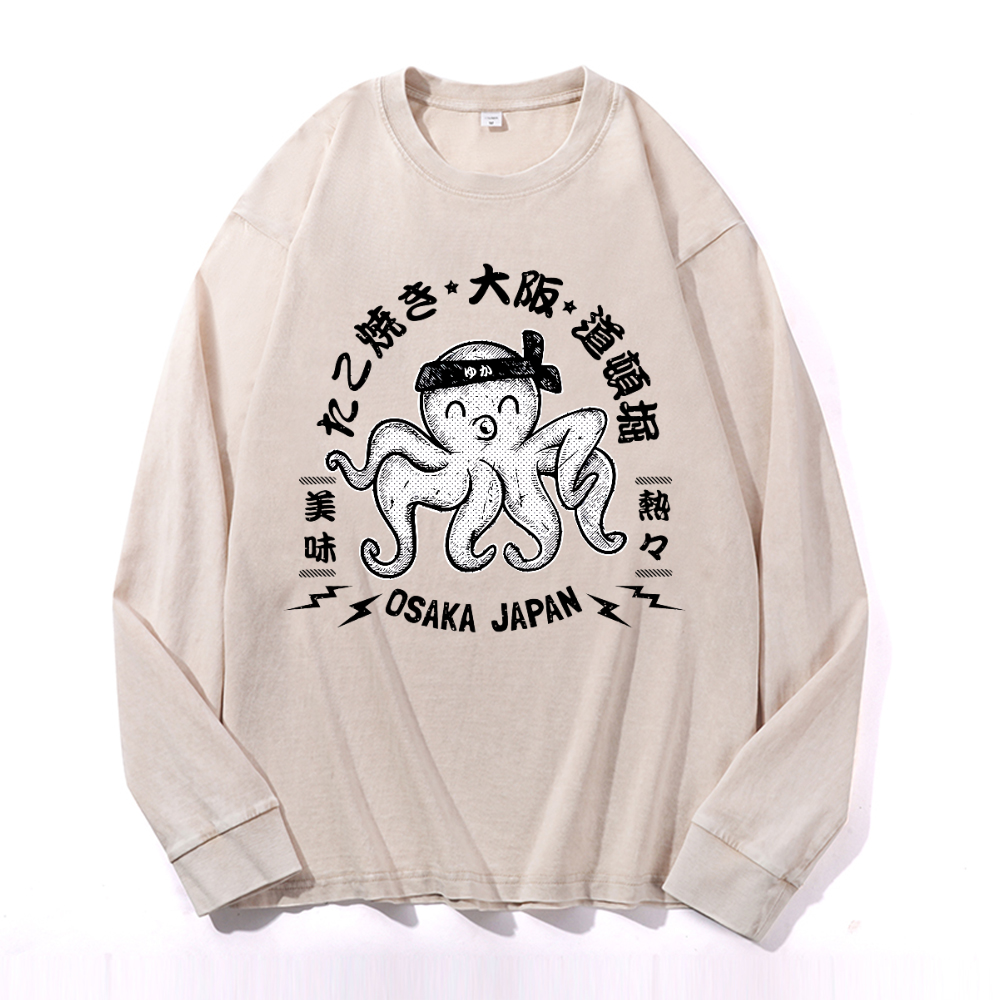 Octopus Takoyaki Osaka Japan Vintage Cotton Wash Crewneck Long-Sleeve T-Shirt