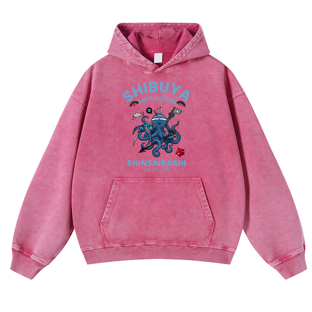 Shibuya Octopus Vintage Washed Thick Cotton Hoodie