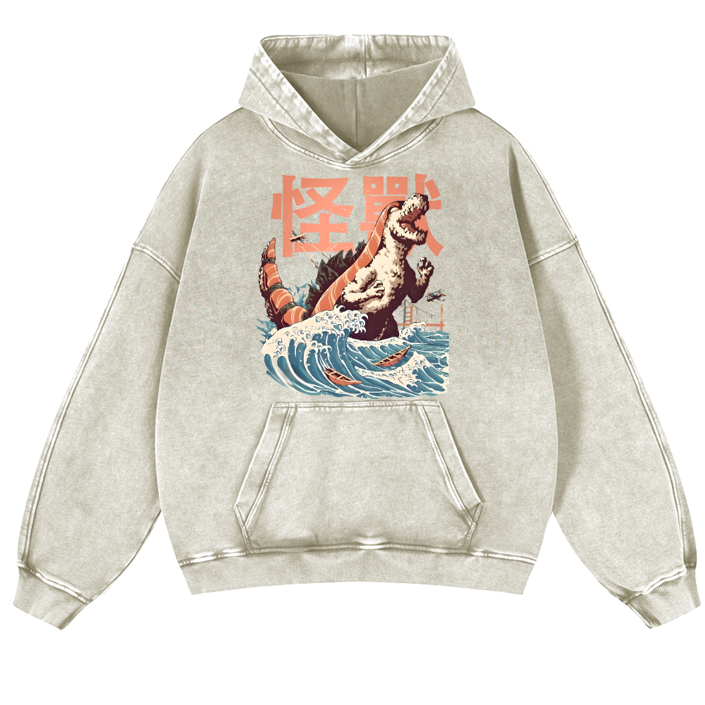 Kaiju Sushi Monster Wave Vintage Washed Thick Cotton Hoodie