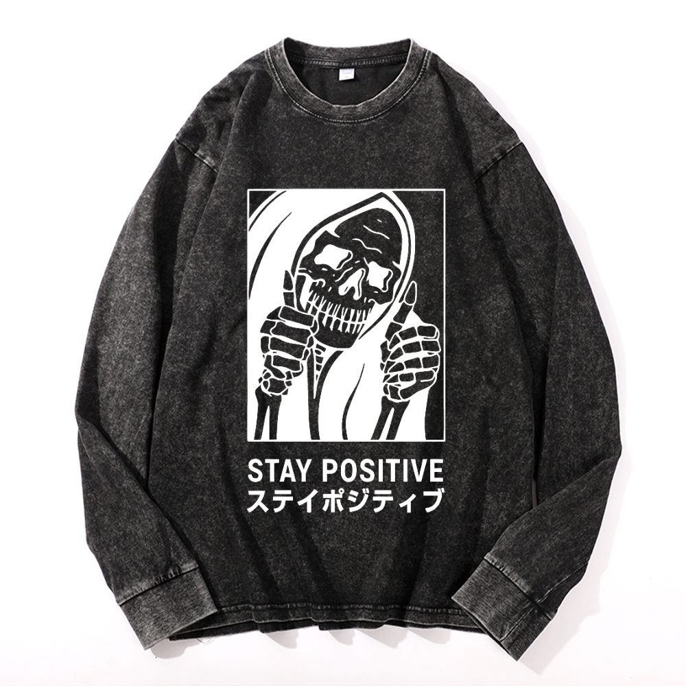 Stay Positive Skull Vintage Cotton Wash Crewneck Sweatshirt