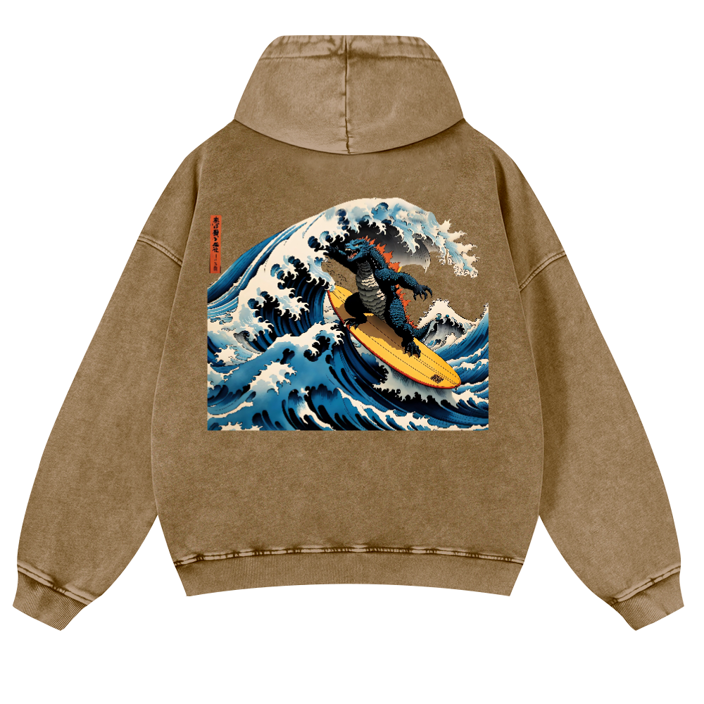 Kaiju Ukiyoe Wave Vintage Washed Cotton Back Art Hoodie