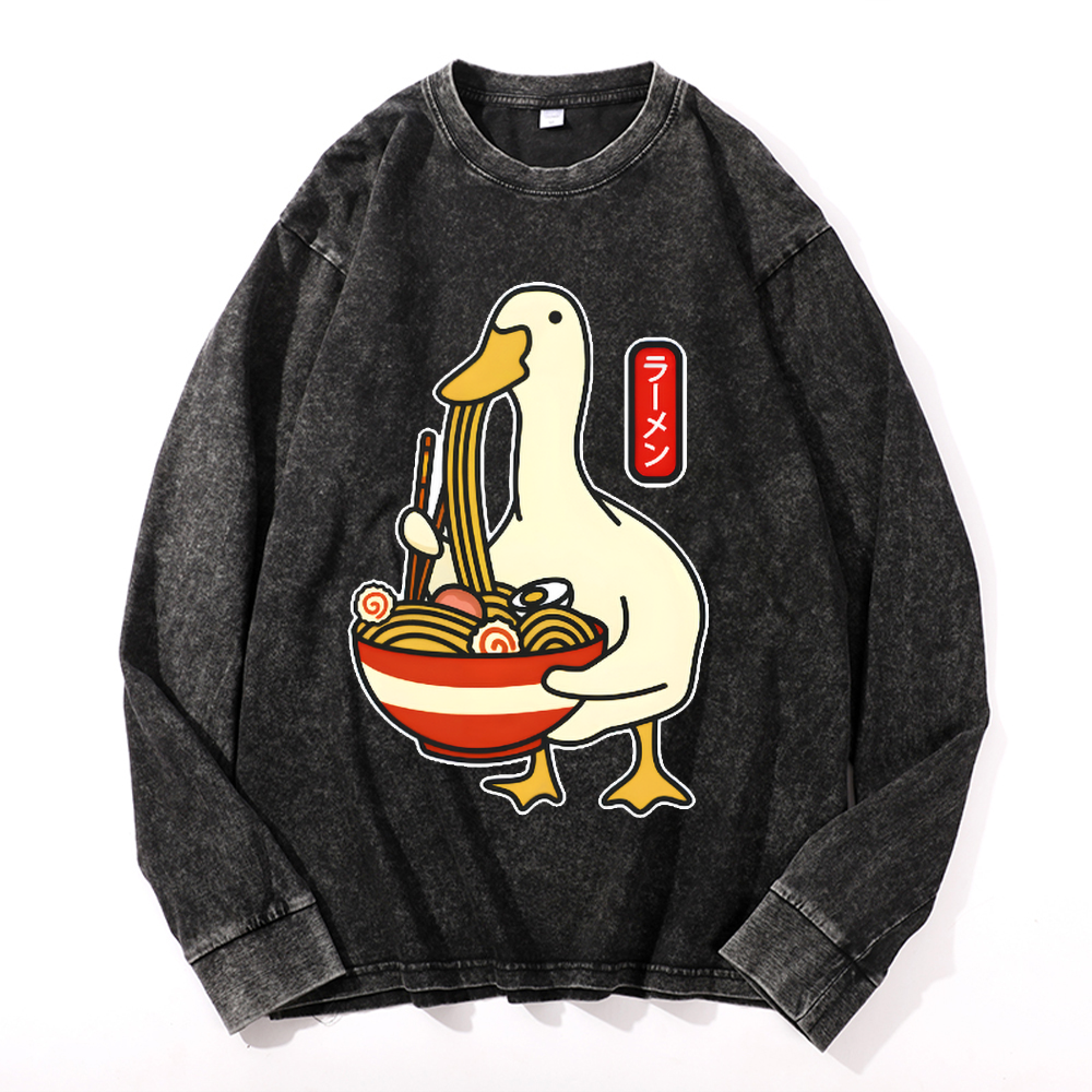 Duck and Ramen Vintage Cotton Wash Crewneck Long-Sleeve T-Shirt