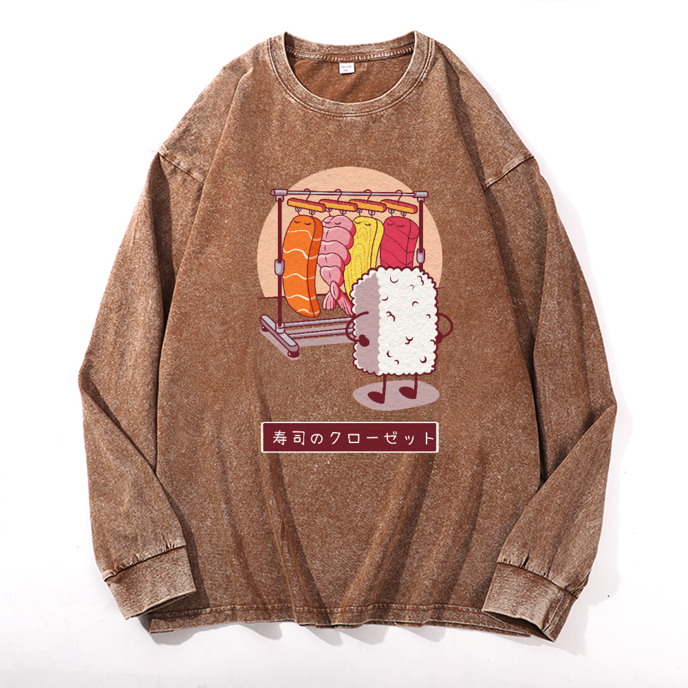 Sushi Vintage Cotton Wash Crewneck Long-Sleeve T-Shirt