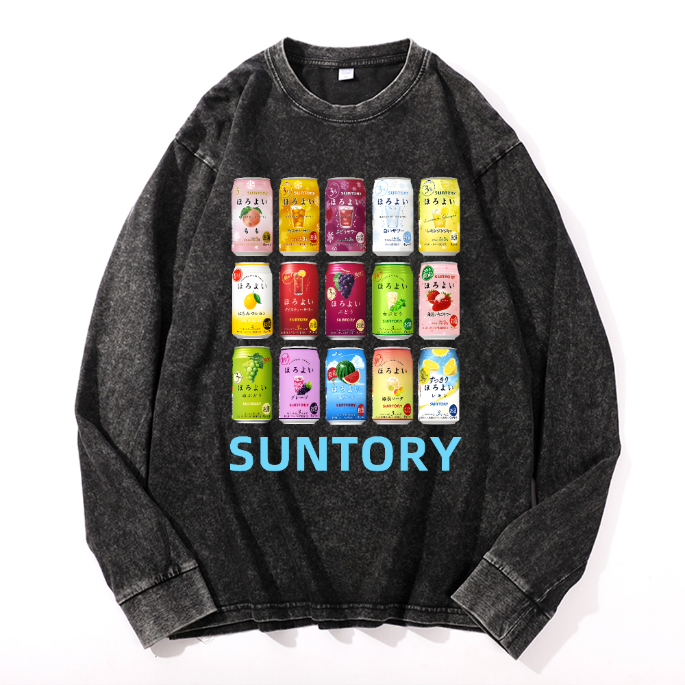 Suntory Vintage Cotton Wash Crewneck Long-Sleeve T-Shirt