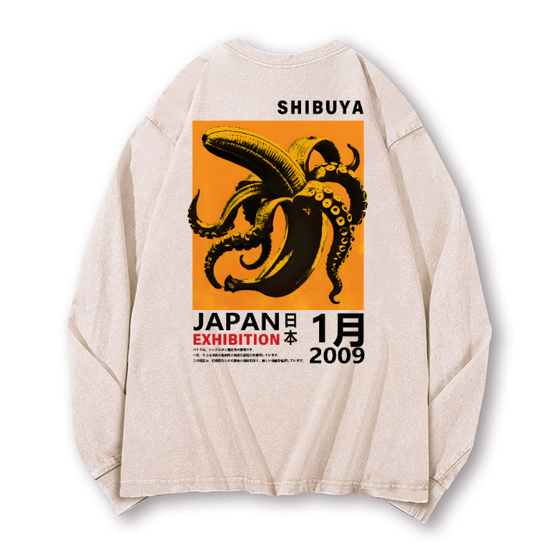 Shibuya Banana Octopus Vintage Washed Cotton Back Art Long-sleeve T-shirt