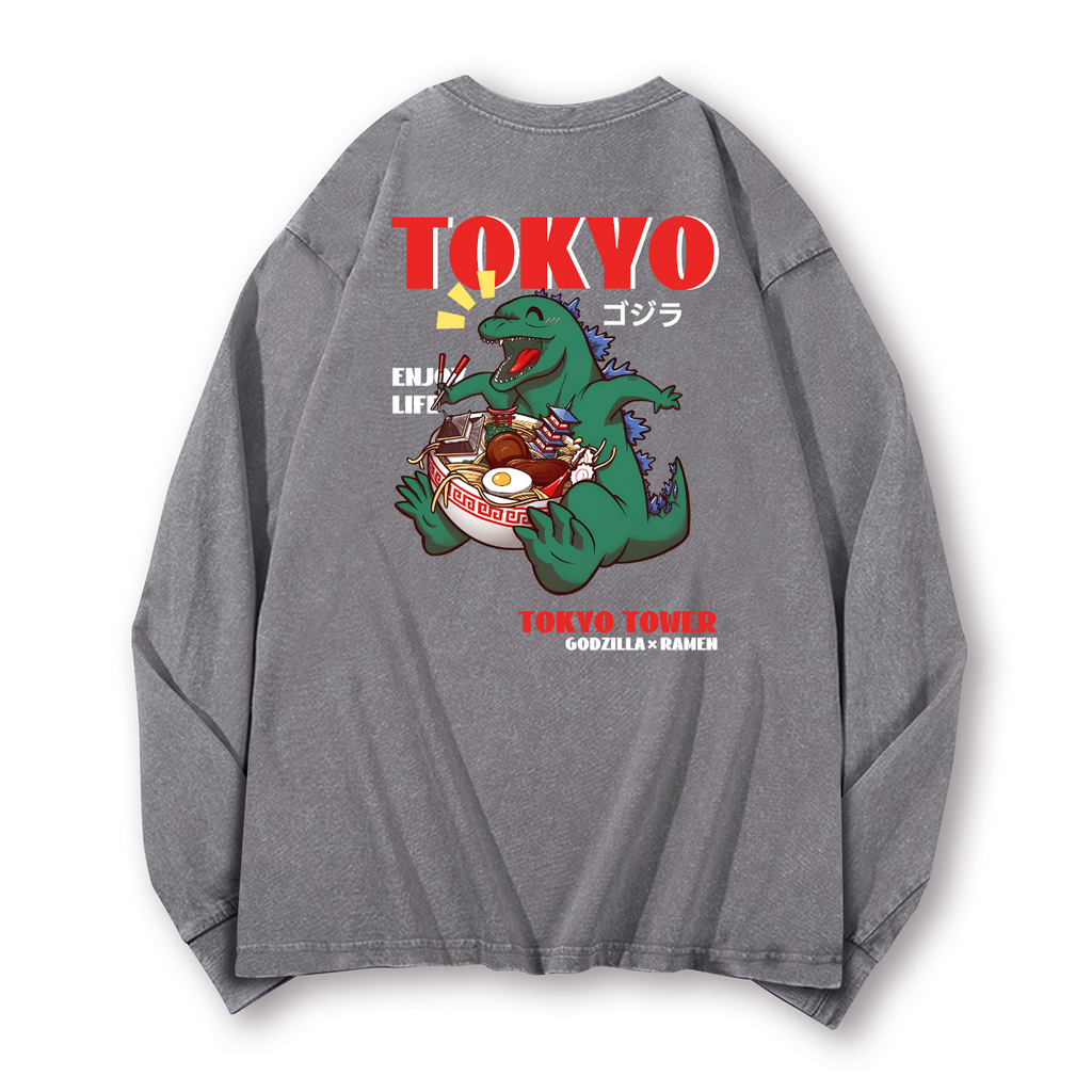 Ramen Kaiju Vintage Washed Cotton Back Art Long-sleeve T-shirt