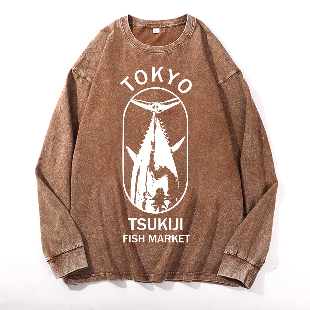 Tsukiji Market Vintage Cotton Wash Crewneck Long-Sleeve T-Shirt