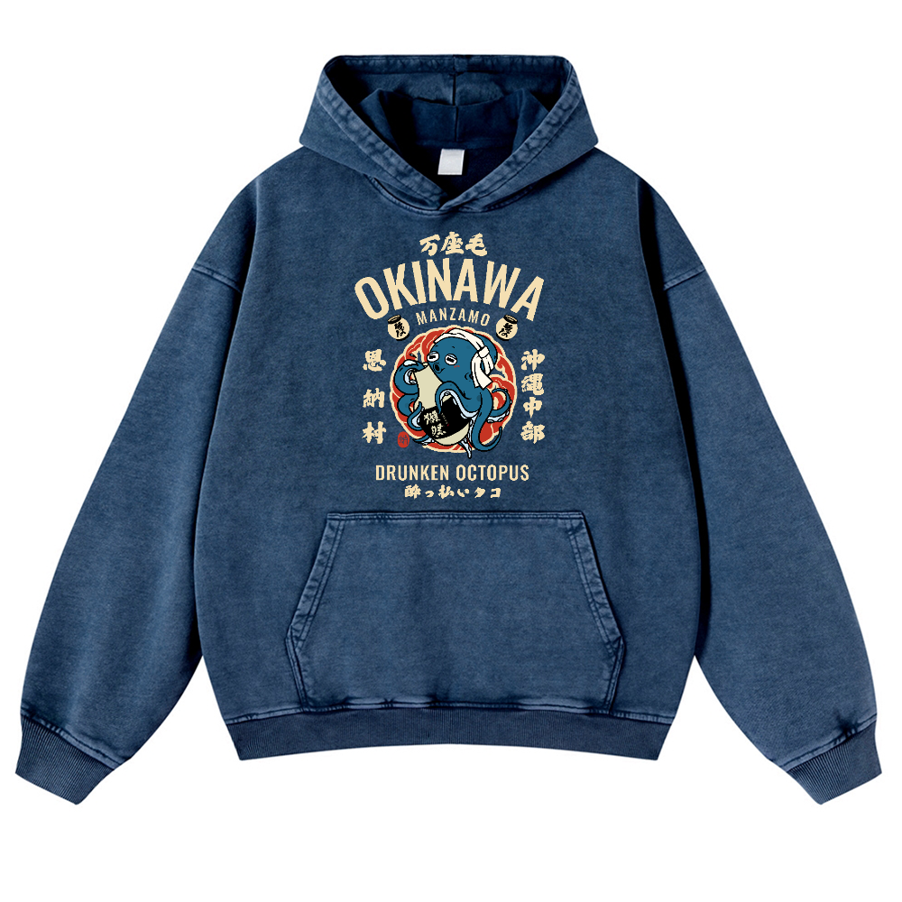 Okinawa Manzamo Drunken Octopus Vintage Washed Thick Cotton Hoodie