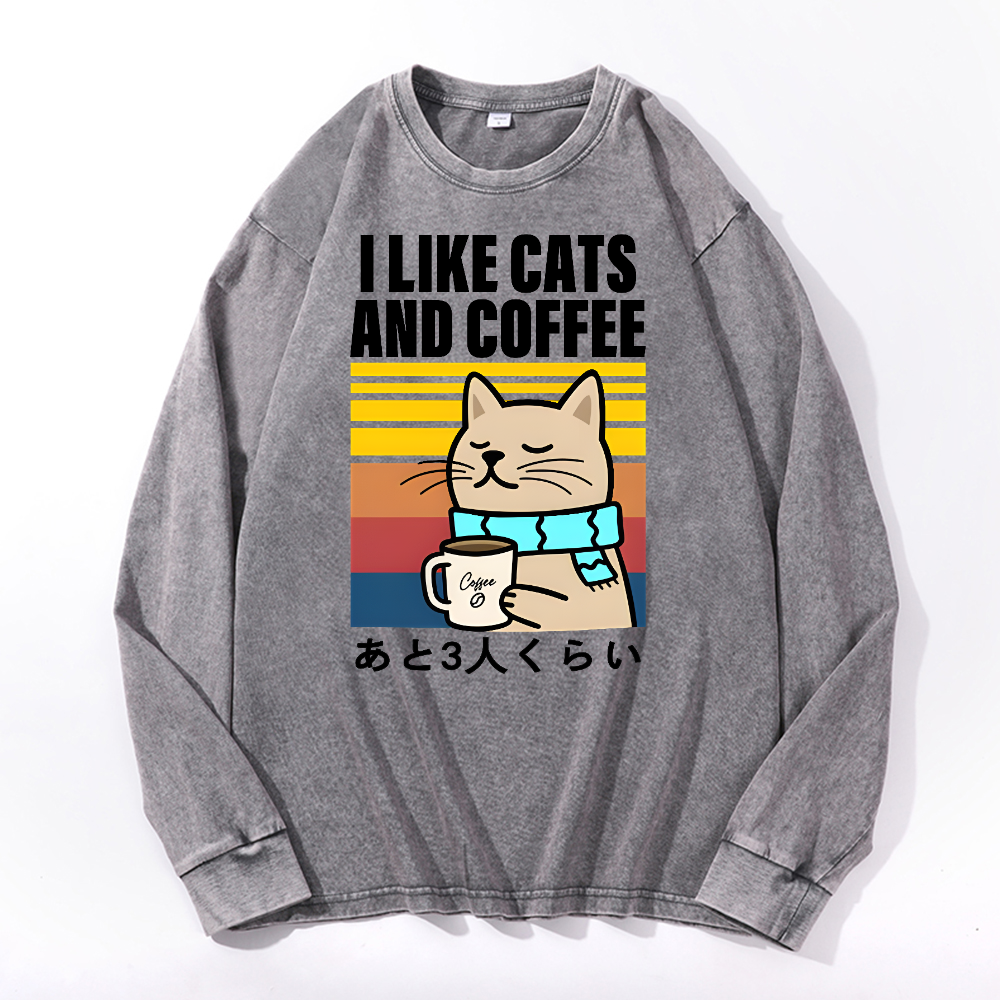 Cat Coffee Vintage Cotton Wash Long-sleeve T-shirt