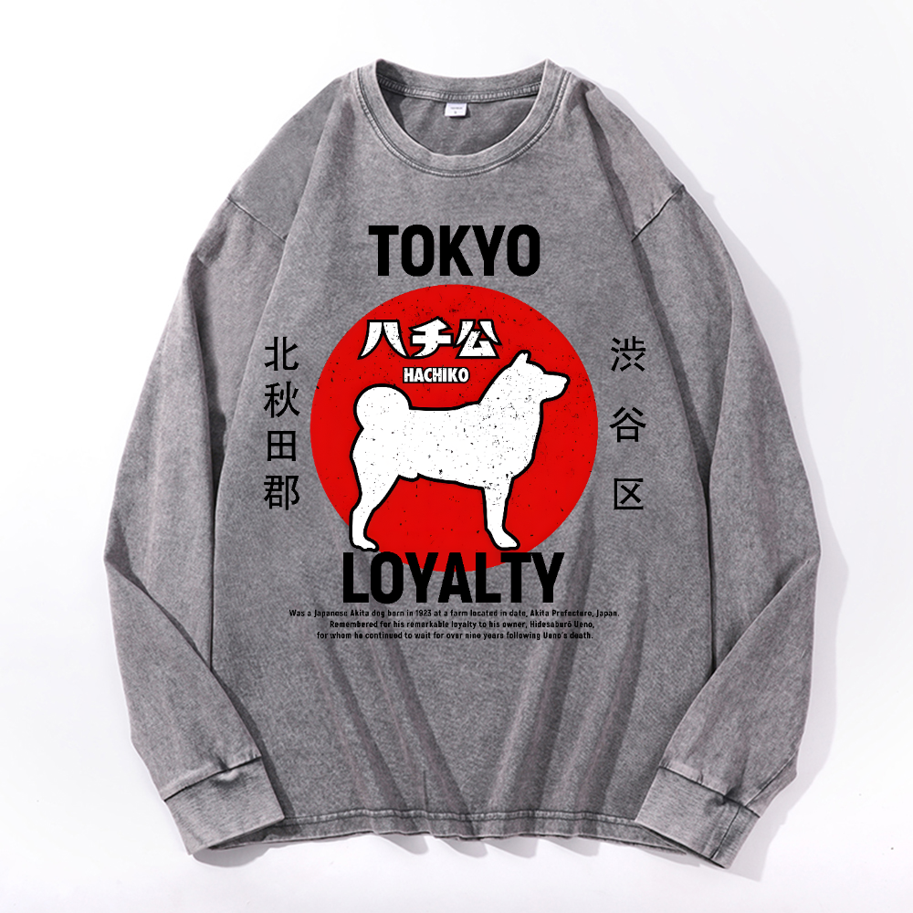 Tokyo Hachiko Vintage Cotton Wash Crewneck Long-Sleeve T-Shirt