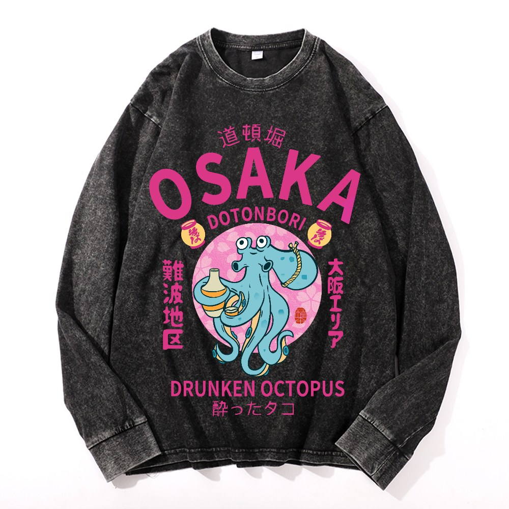 Osaka Dotonbori Drunken Octopus Vintage Cotton Wash Crewneck Long-Sleeve T-Shirt