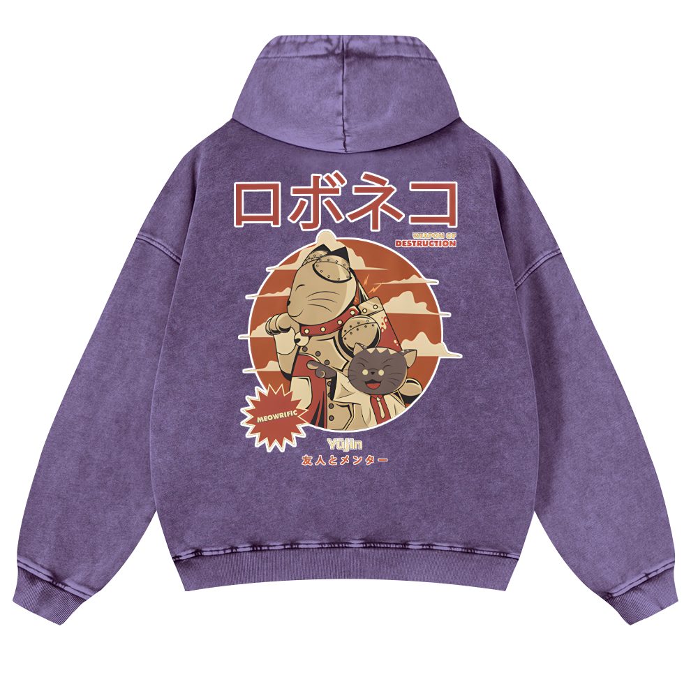 Cat Anime Vintage Washed Cotton Back Art Hoodie