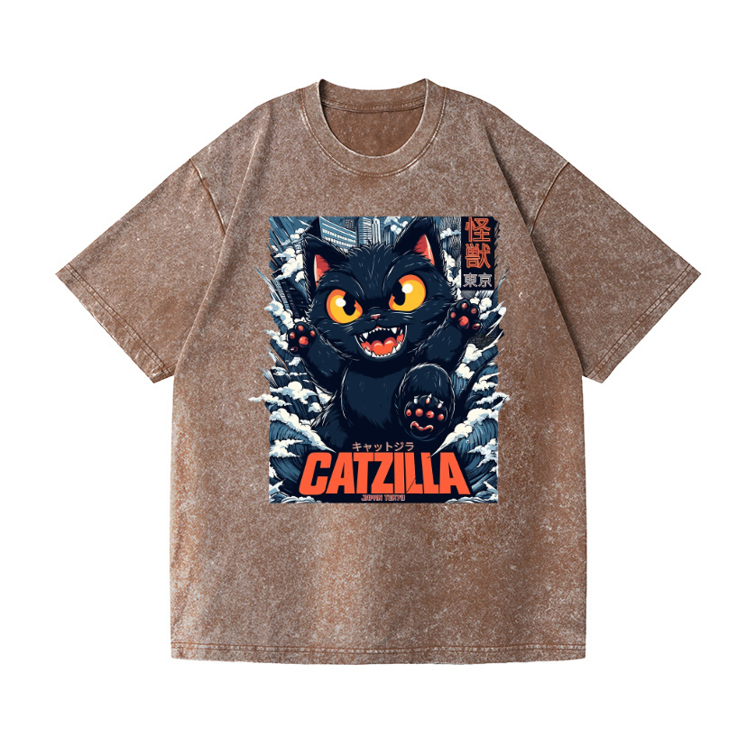 Black Cat Kaiju Catzilla Vintage Wash Japanese Design T-Shirt