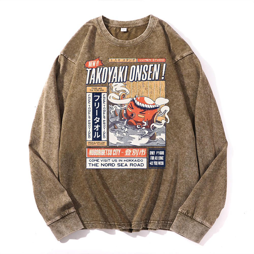 Takoyaki Octopus Vintage Cotton Wash Crewneck Long-Sleeve T-Shirt