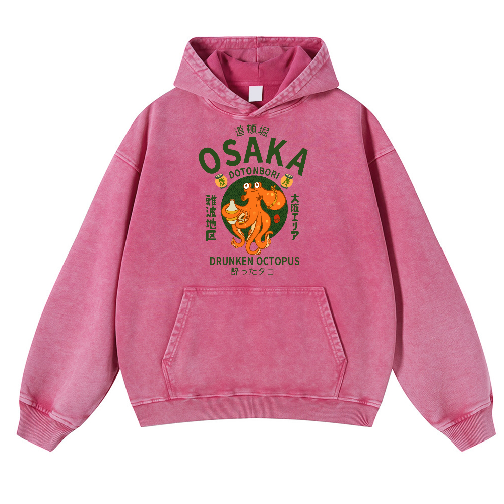 Osaka Dotonbori Drunken Octopus Vintage Washed Thick Cotton Hoodie