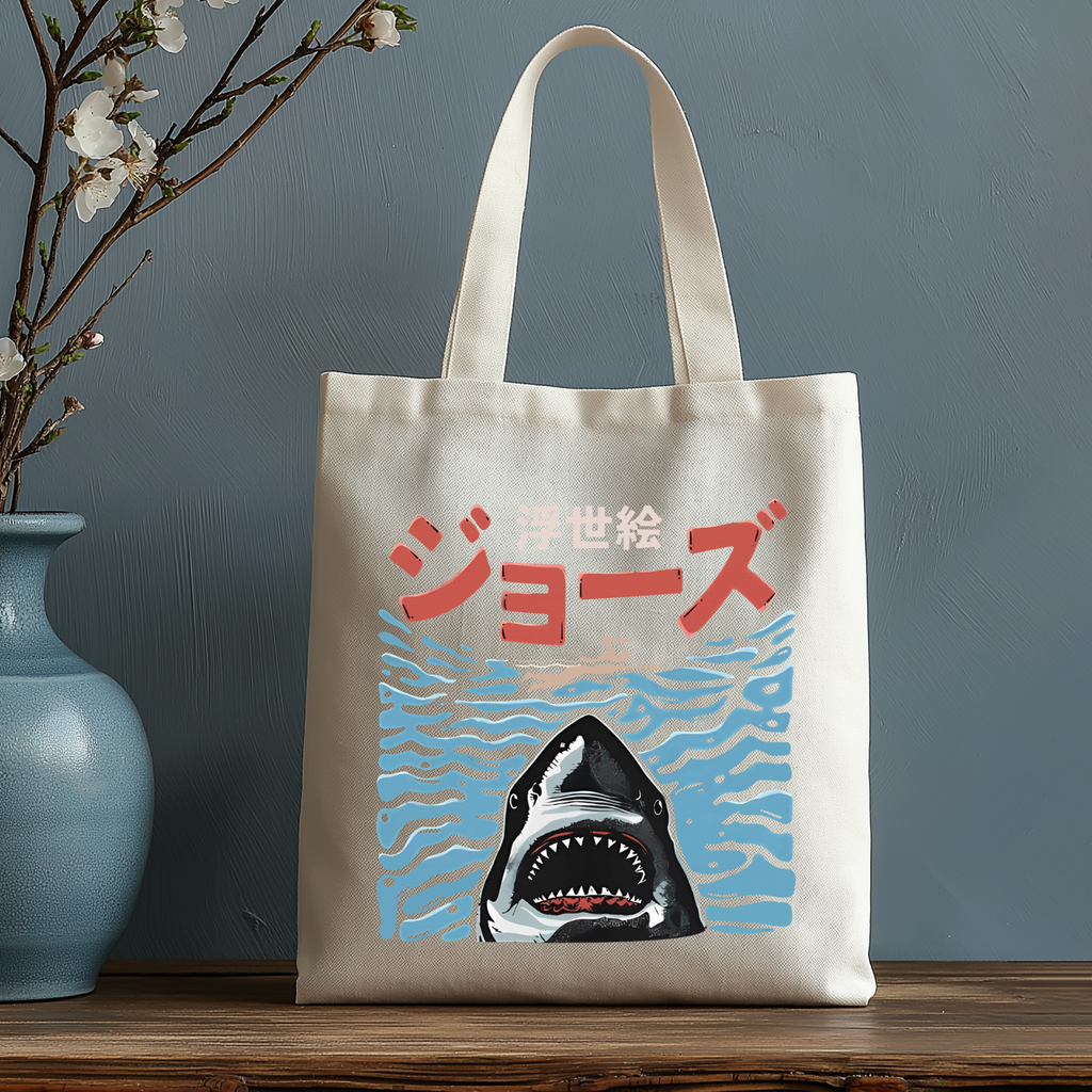 Ukiyoe Jaws Shark Japanese Style Canvas Tote Bag