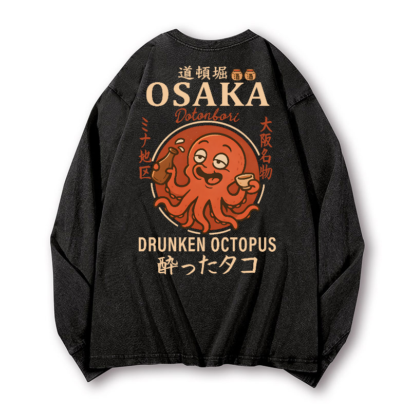 Osaka Dotonbori Drunken Octopus Vintage Washed Cotton Back Art Long-sleeve T-shirt