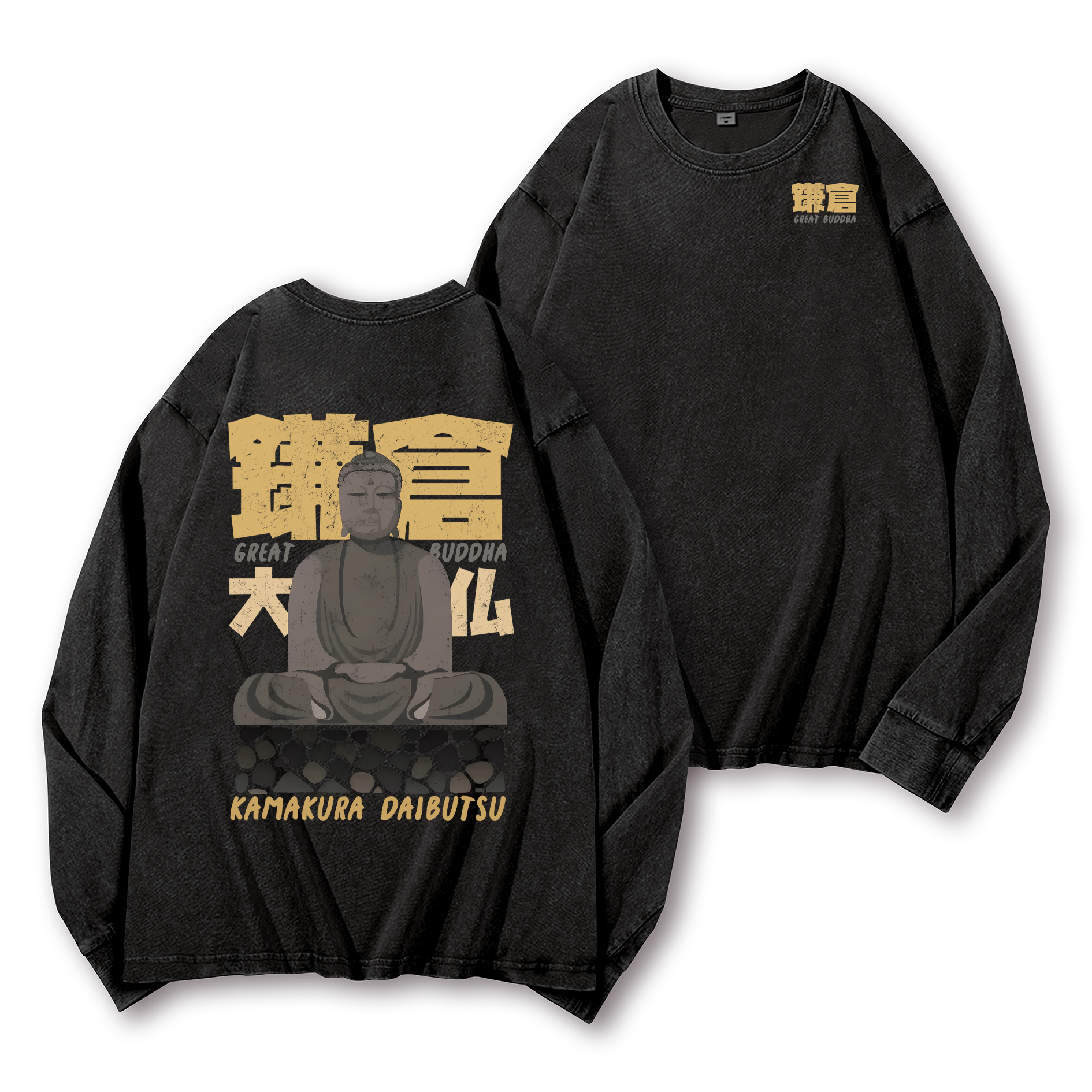 Buddhism Kamakura Daibutsu Great Buddha Vintage Washed Cotton Back Art Long-sleeve T-shirt