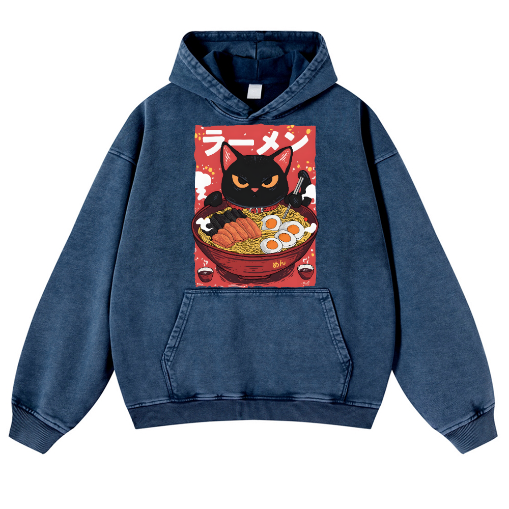 Cat Ramen Vintage Washed Thick Cotton Hoodie