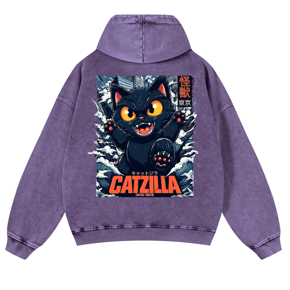 Catzilla Cat Kaiju Vintage Washed Cotton Back Art Hoodie