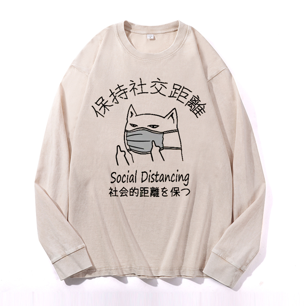 Social Distancing Vintage Cotton Wash Crewneck Long-Sleeve T-Shirt