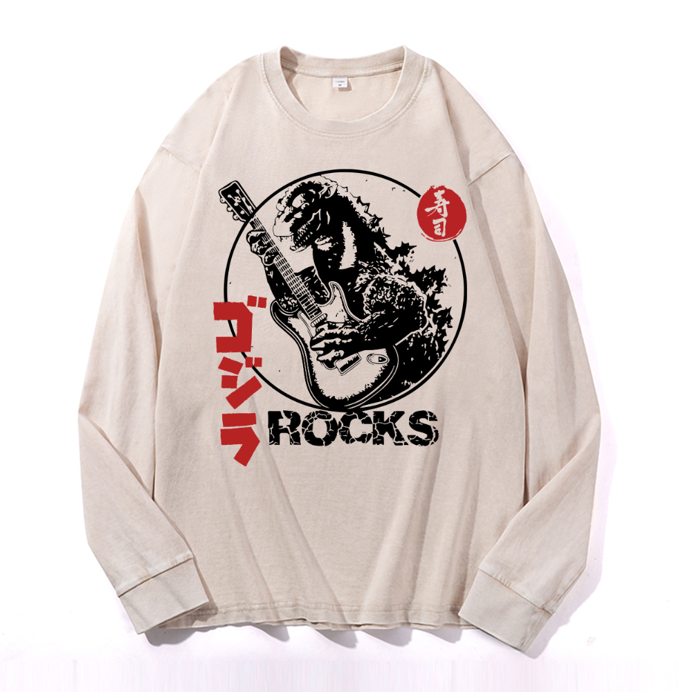 Rock Kaiju Vintage Cotton Wash Crewneck Long-Sleeve T-Shirt