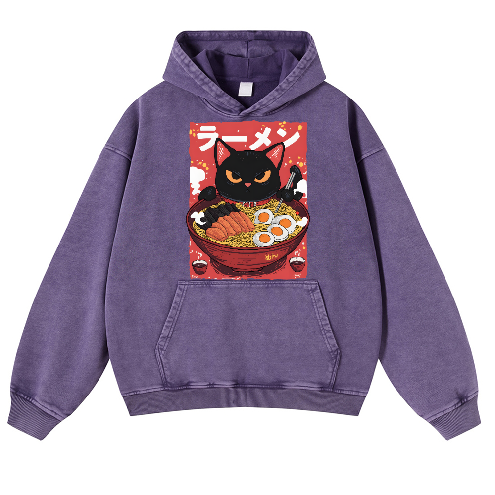 Cat Ramen Vintage Washed Thick Cotton Hoodie