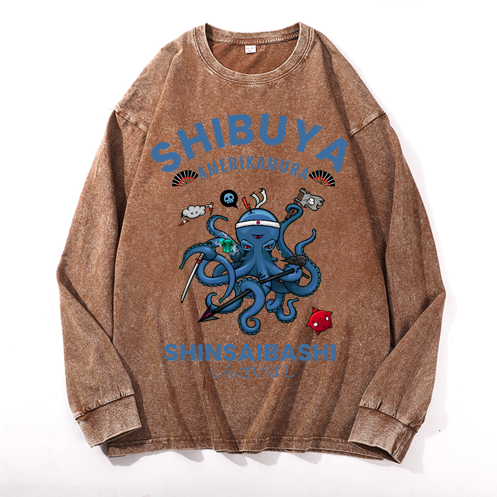 Shibuya Octopus Vintage Cotton Wash Crewneck Long-Sleeve T-Shirt