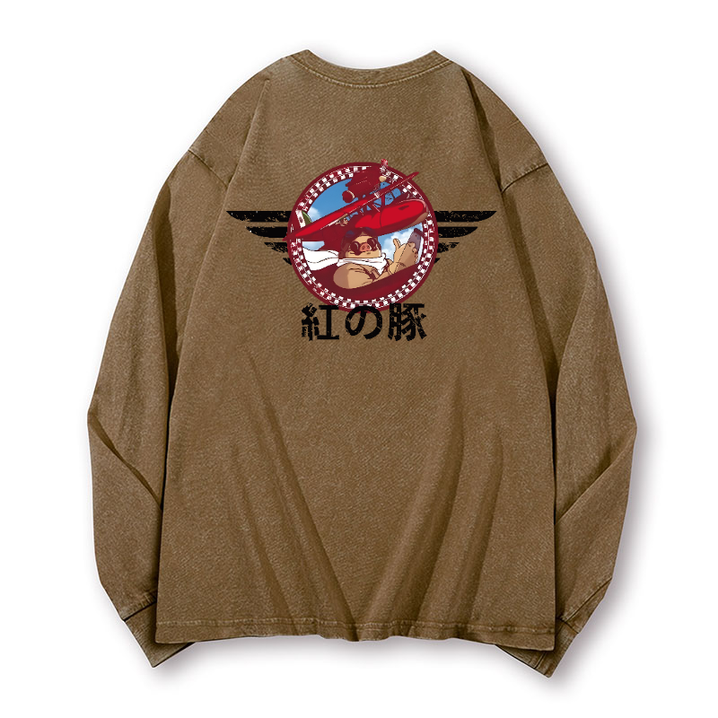 Ghibli Porco Rosso Vintage Washed Cotton Back Art Long-sleeve T-shirt