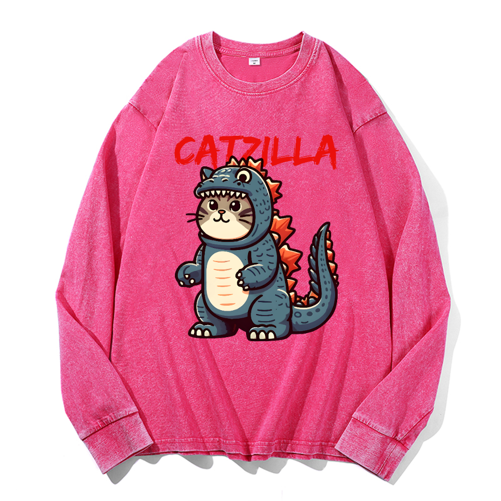 Catzilla Cat Kaiju Vintage Cotton Wash Crewneck Long-Sleeve T-Shirt