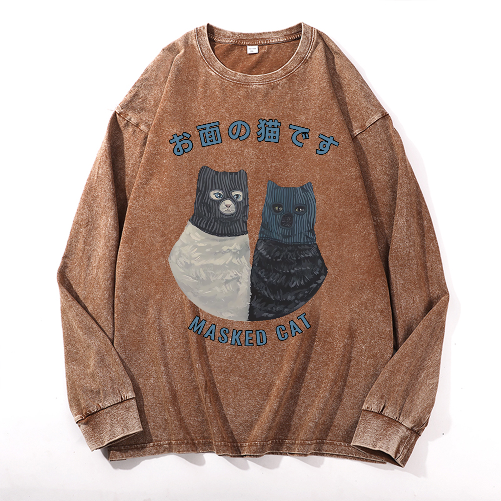 Masked Cat Vintage Cotton Wash Crewneck Long-Sleeve T-Shirt