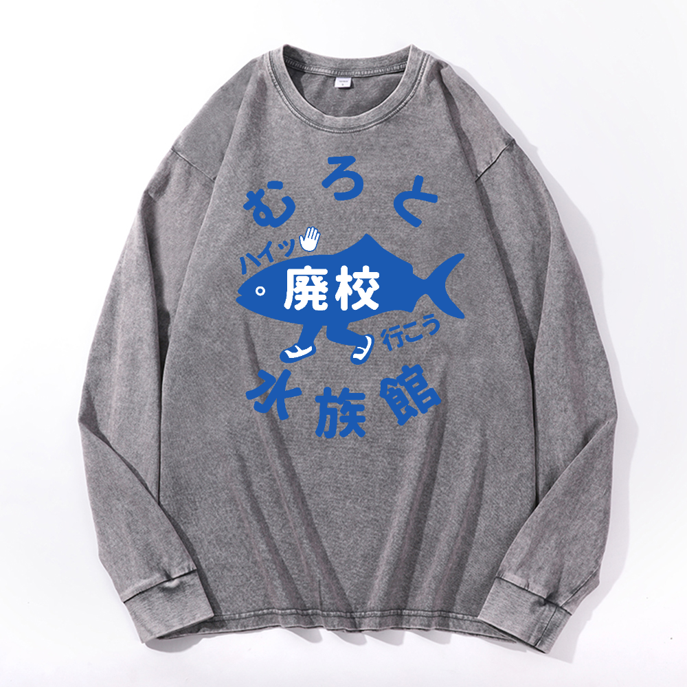 Aquarium Vintage Cotton Wash Crewneck Long-Sleeve T-Shirt