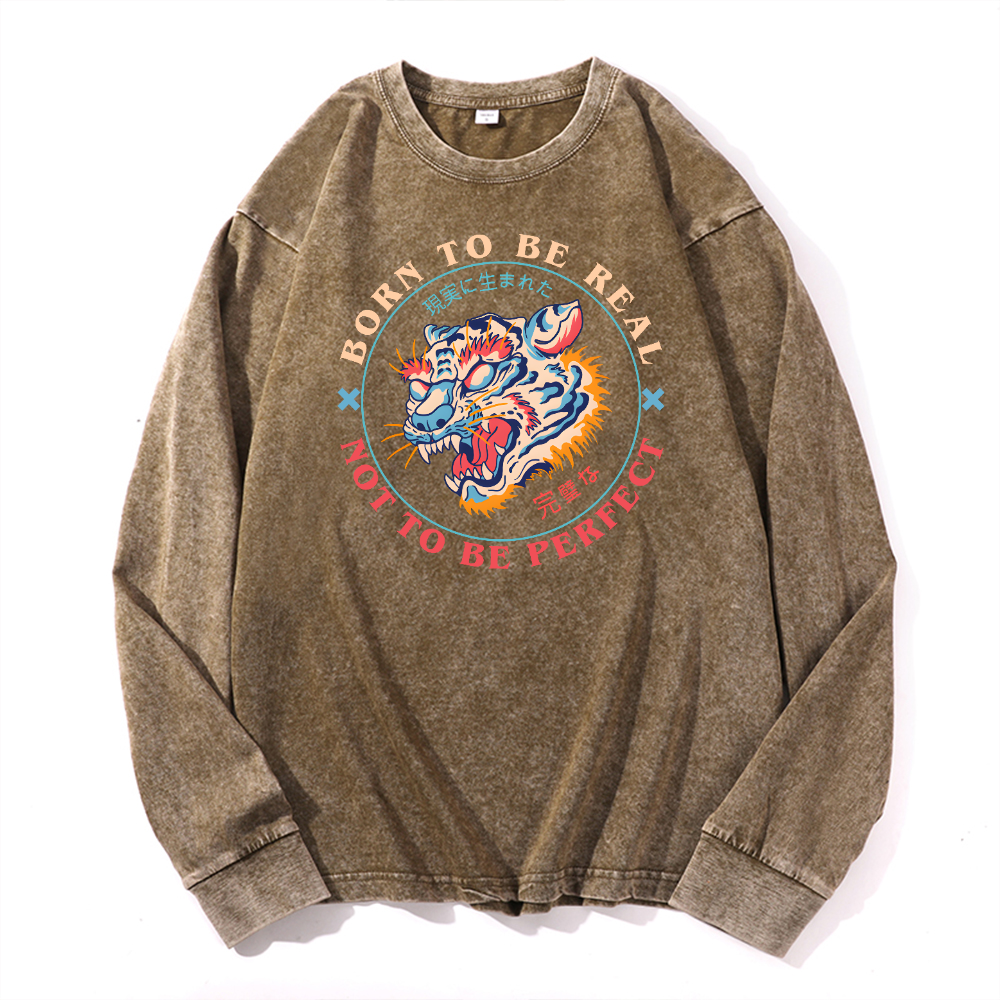 Tiger Vintage Cotton Wash Crewneck Long-Sleeve T-Shirt