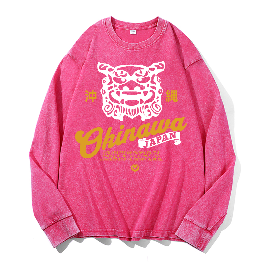 Okinawa Shisa Vintage Cotton Wash Crewneck Long-Sleeve T-Shirt