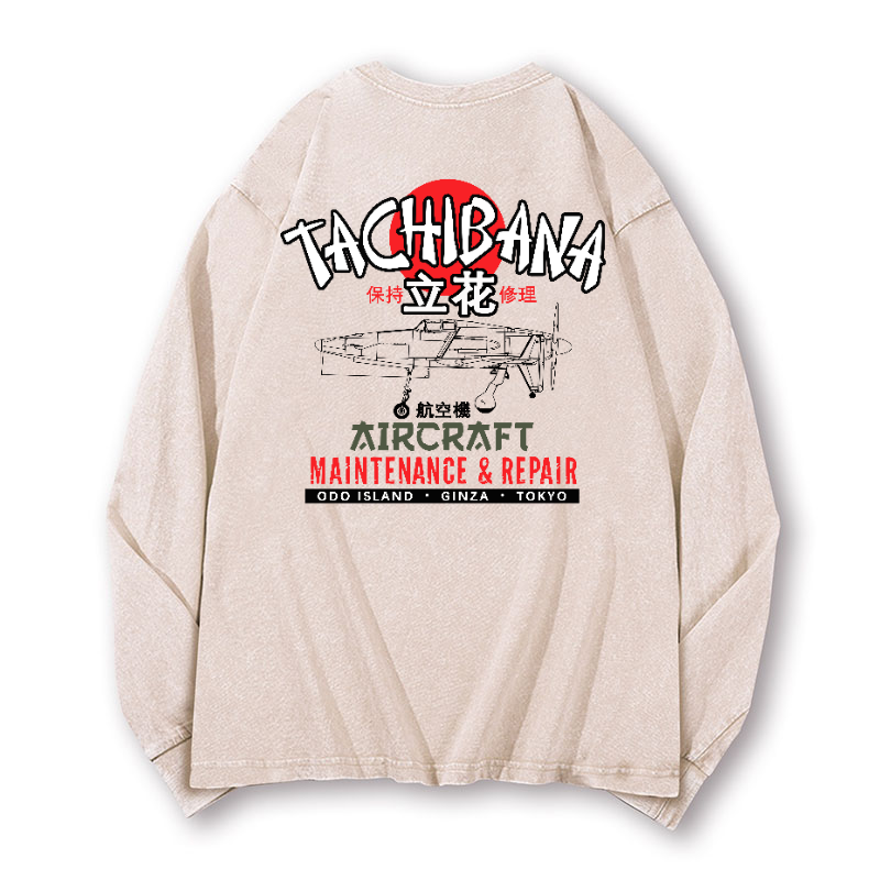 Tachibana Aircraft Vintage Washed Cotton Back Art Long-sleeve T-shirt
