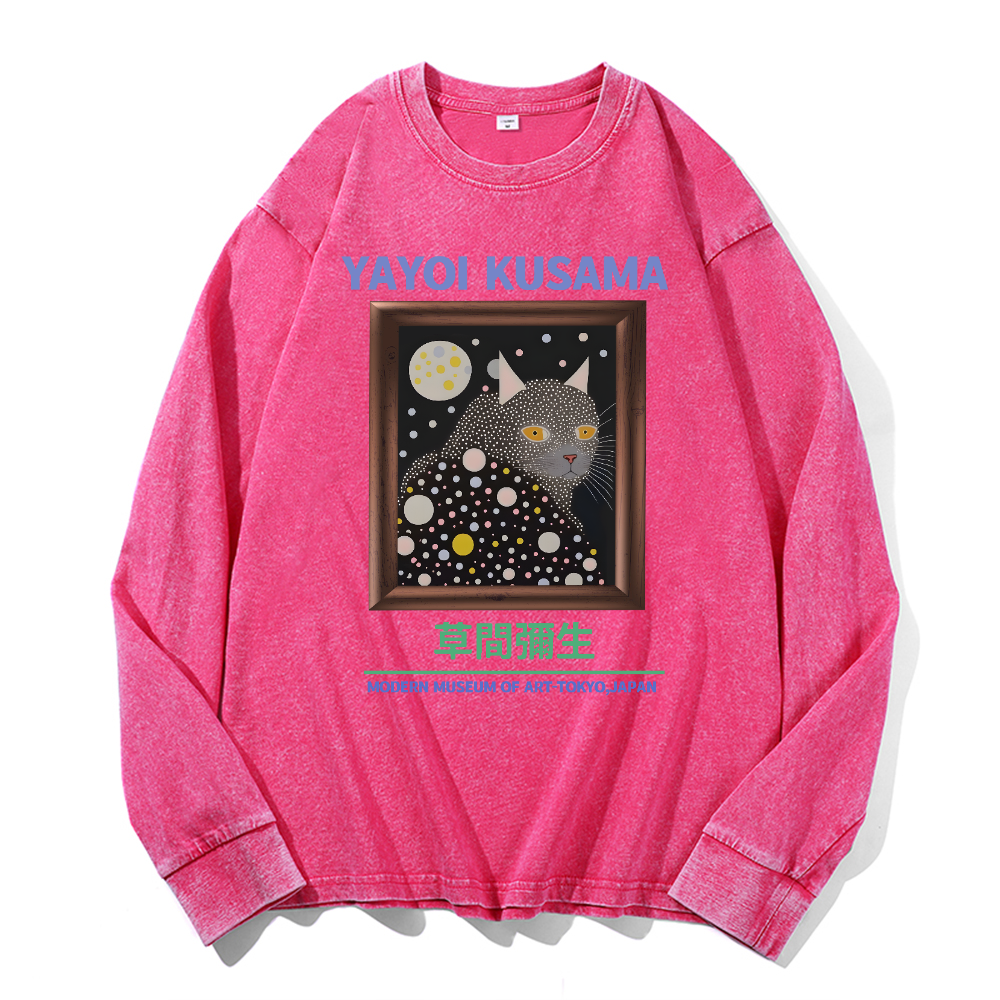 Yayoi Kusama Cat Vintage Cotton Wash Crewneck Long-Sleeve T-Shirt