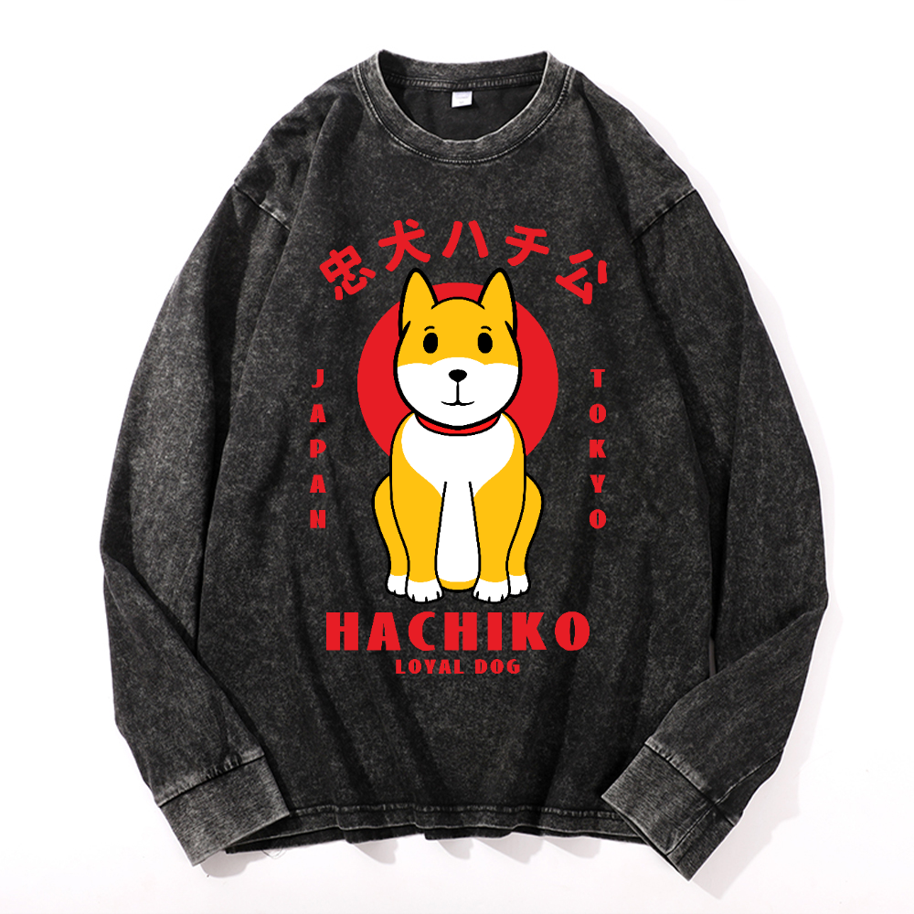 Hachiko Vintage Cotton Wash Crewneck Long-Sleeve T-Shirt