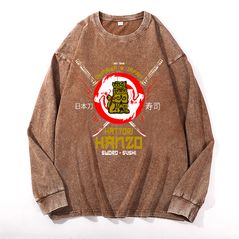 Okinawa Hattori Hanzo Komainu Vintage Cotton Wash Crewneck Long-Sleeve T-Shirt