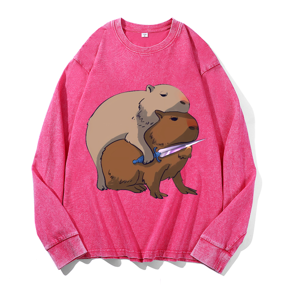 Capybara Vintage Cotton Wash Crewneck Long-Sleeve T-Shirt