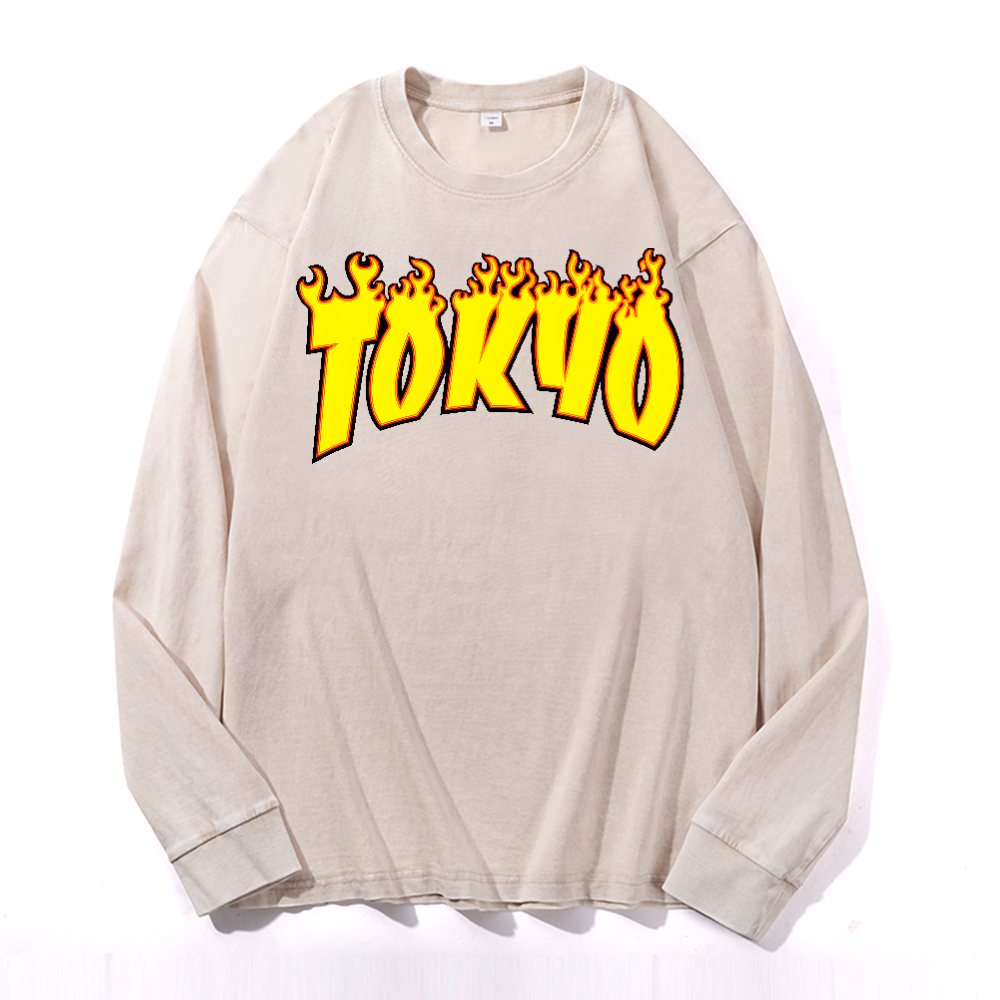 Tokyo Vintage Cotton Wash Crewneck Long-Sleeve T-Shirt