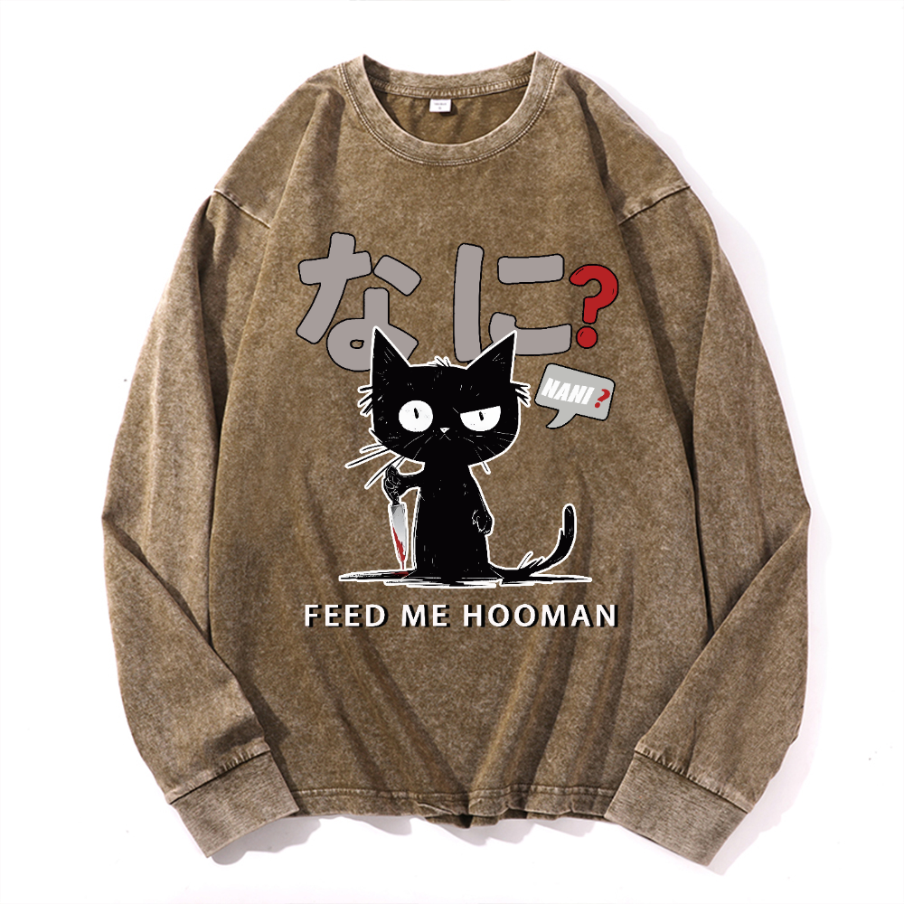 Cat Feed Me Vintage Cotton Wash Long-sleeve T-shirt