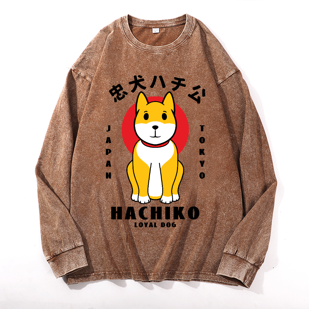 Hachiko Vintage Cotton Wash Crewneck Long-Sleeve T-Shirt