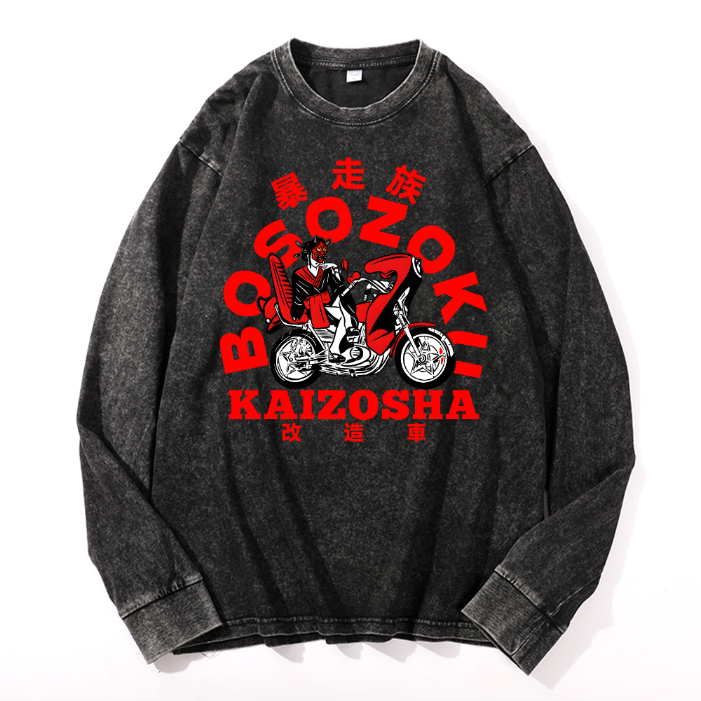 Bosozoku Vintage Cotton Wash Crewneck Long-Sleeve T-Shirt