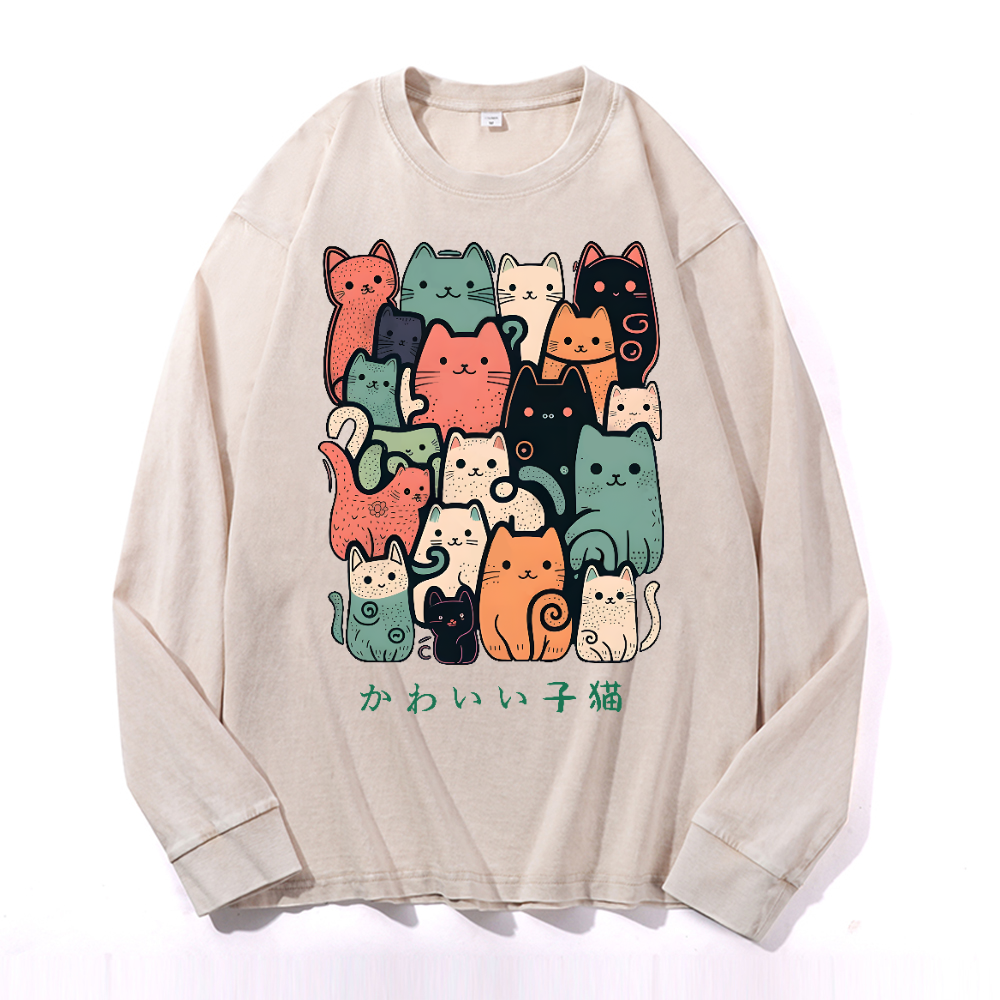 Cat Vintage Cotton Wash Crewneck Long-Sleeve T-Shirt